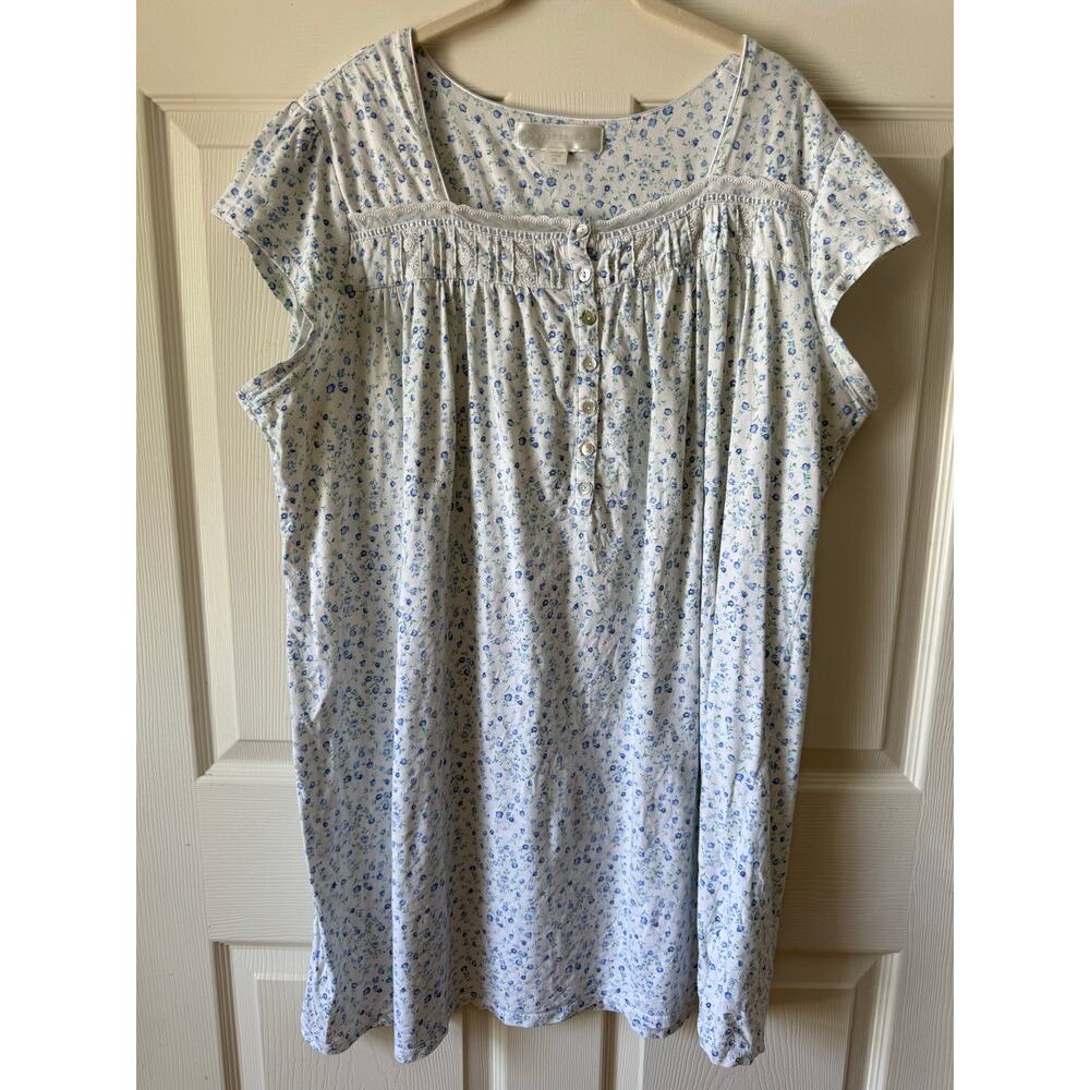 Vintage 90s Y2K Eileen West Floral Cotton Nightgown Cottagecore Blue White XL